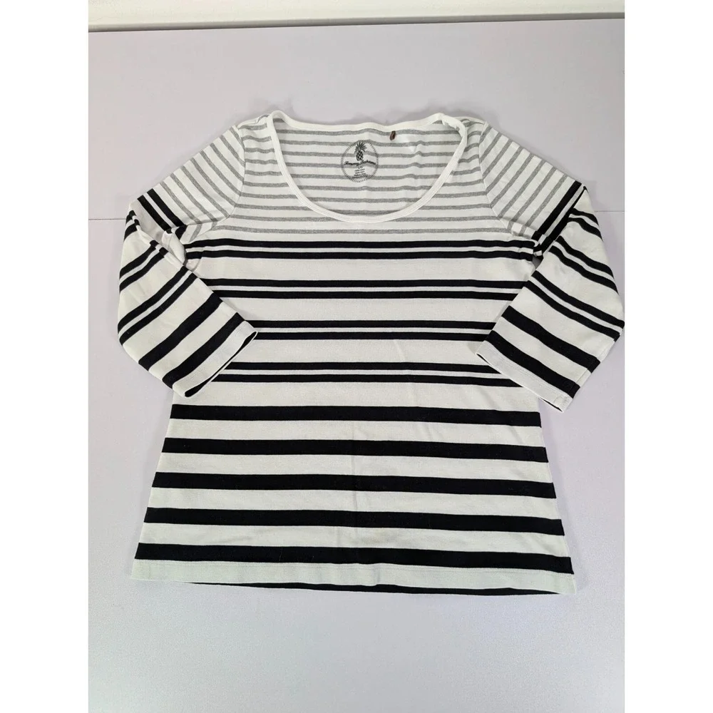 Tommy Bahama Top Women's Large Black White Striped‎ 3/4 Sleeve Casual Stretch